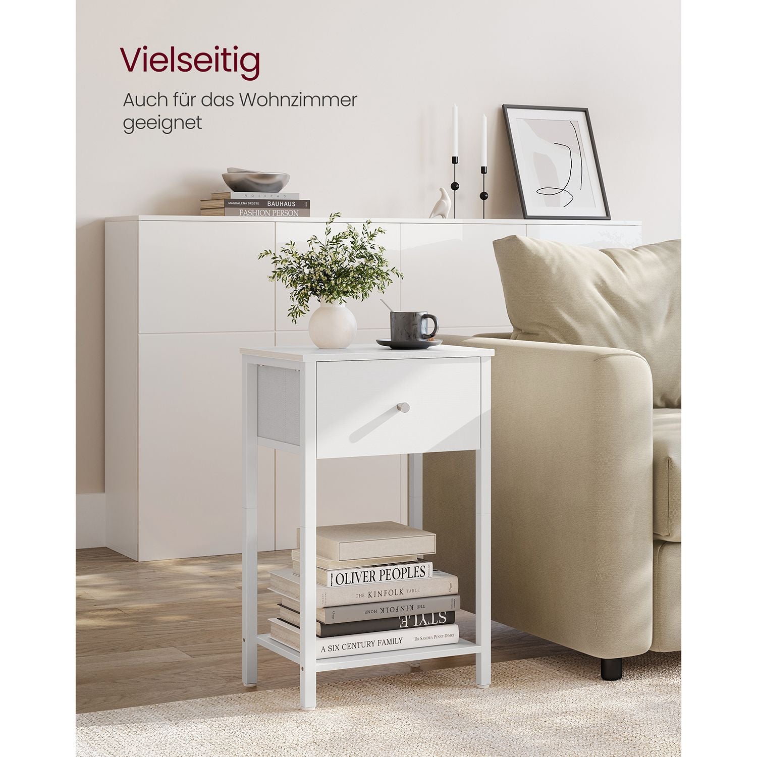 Bijzettafel – set van 2 – met witte stoffen lade