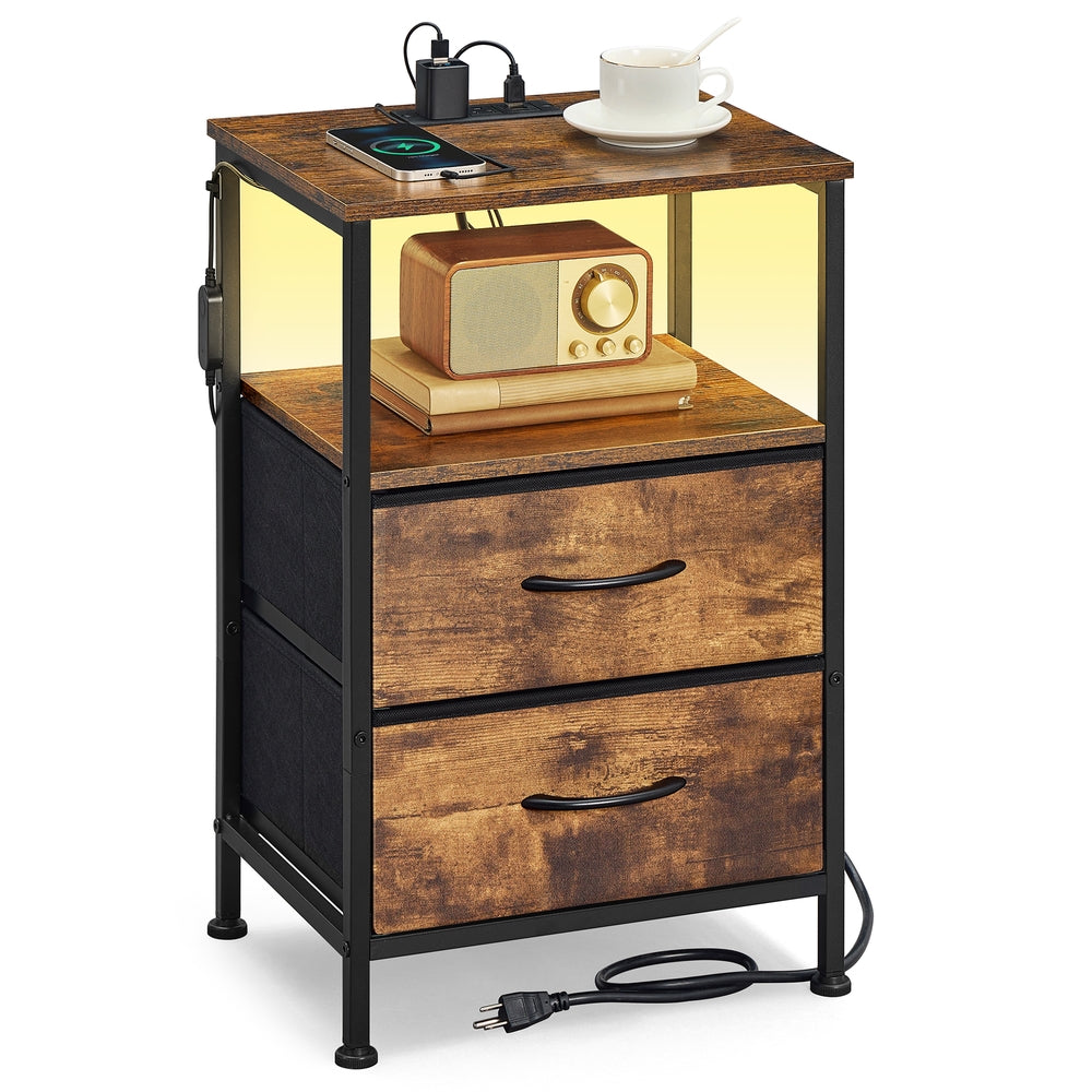 Nachtkastje - Ledverlichting - Met Oplaadstation - 2 Lades - Vintage Bruin-Zwart