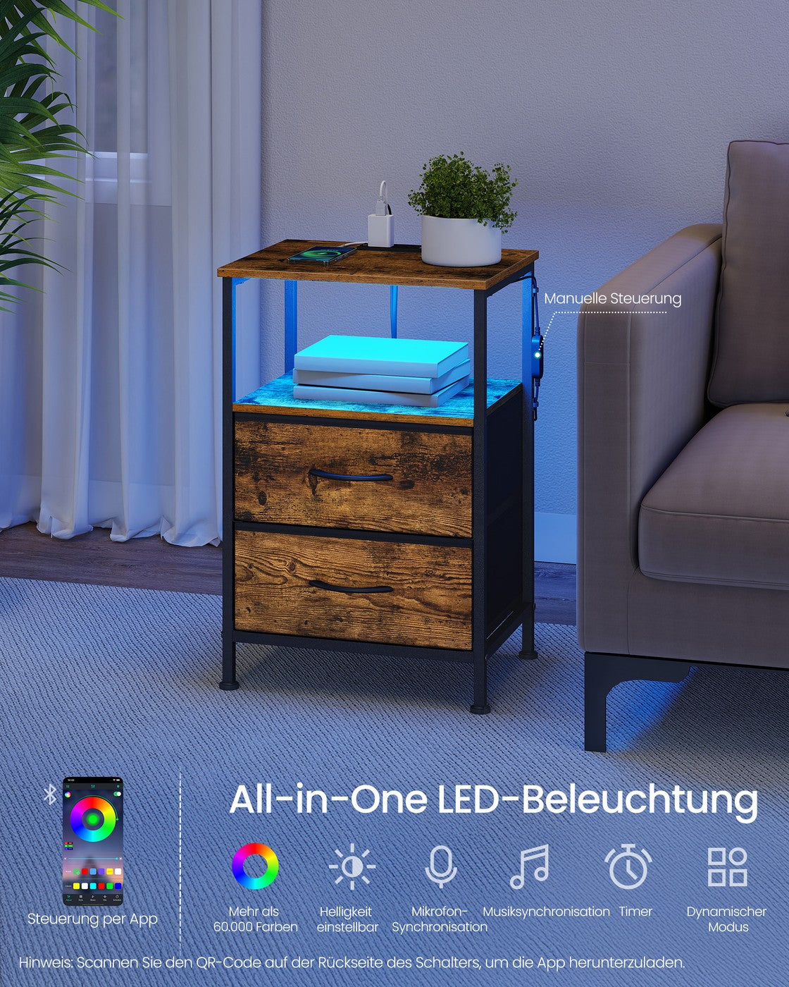 Nachtkastje - Ledverlichting - Met Oplaadstation - 2 Lades - Vintage Bruin-Zwart