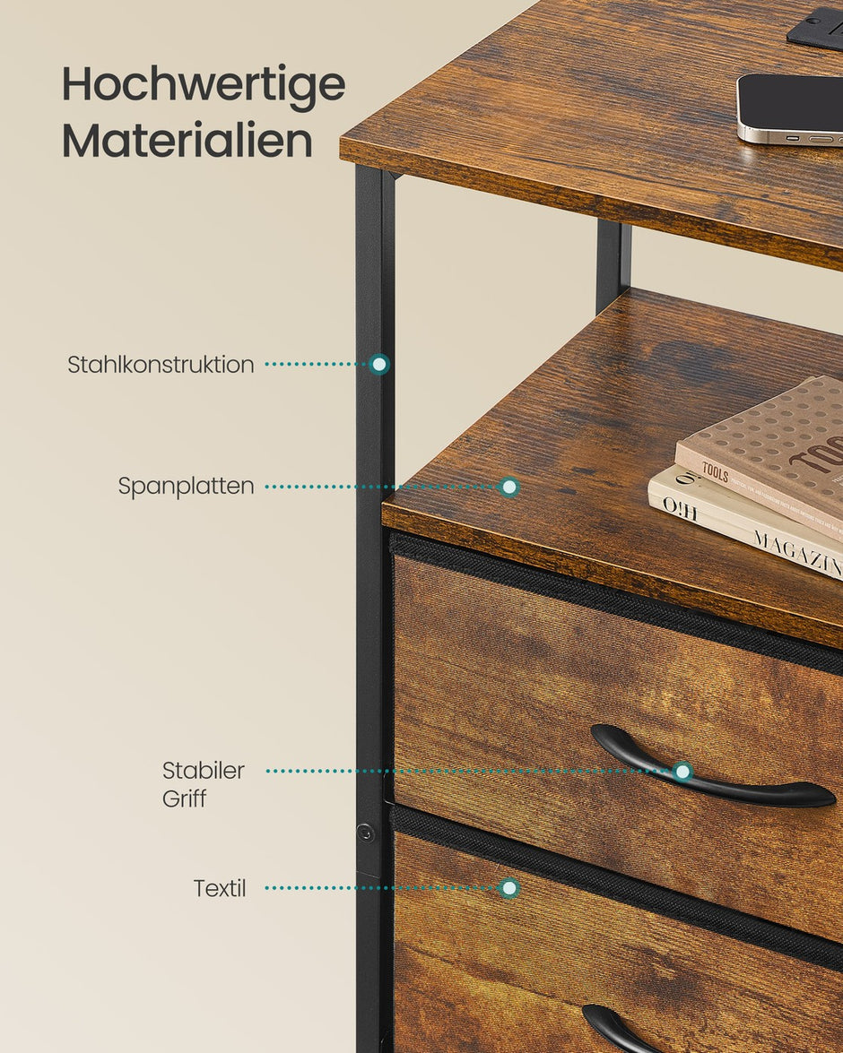 Nachtkastje - Ledverlichting - Met Oplaadstation - 2 Lades - Vintage Bruin-Zwart
