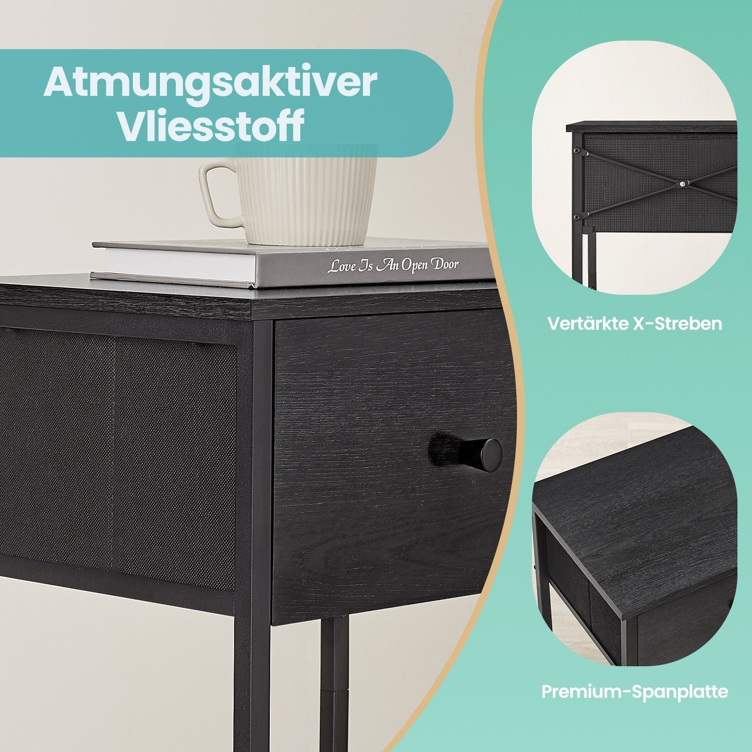 Bijzettafel, nachtkastje, met plank en stoffen lade