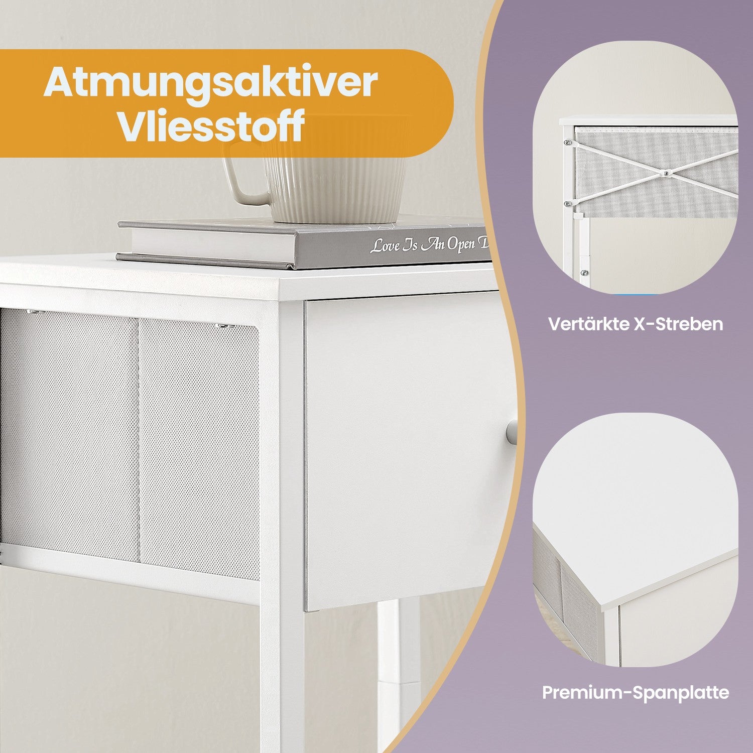 Bijzettafel, nachtkastje, met plank en stoffen lade