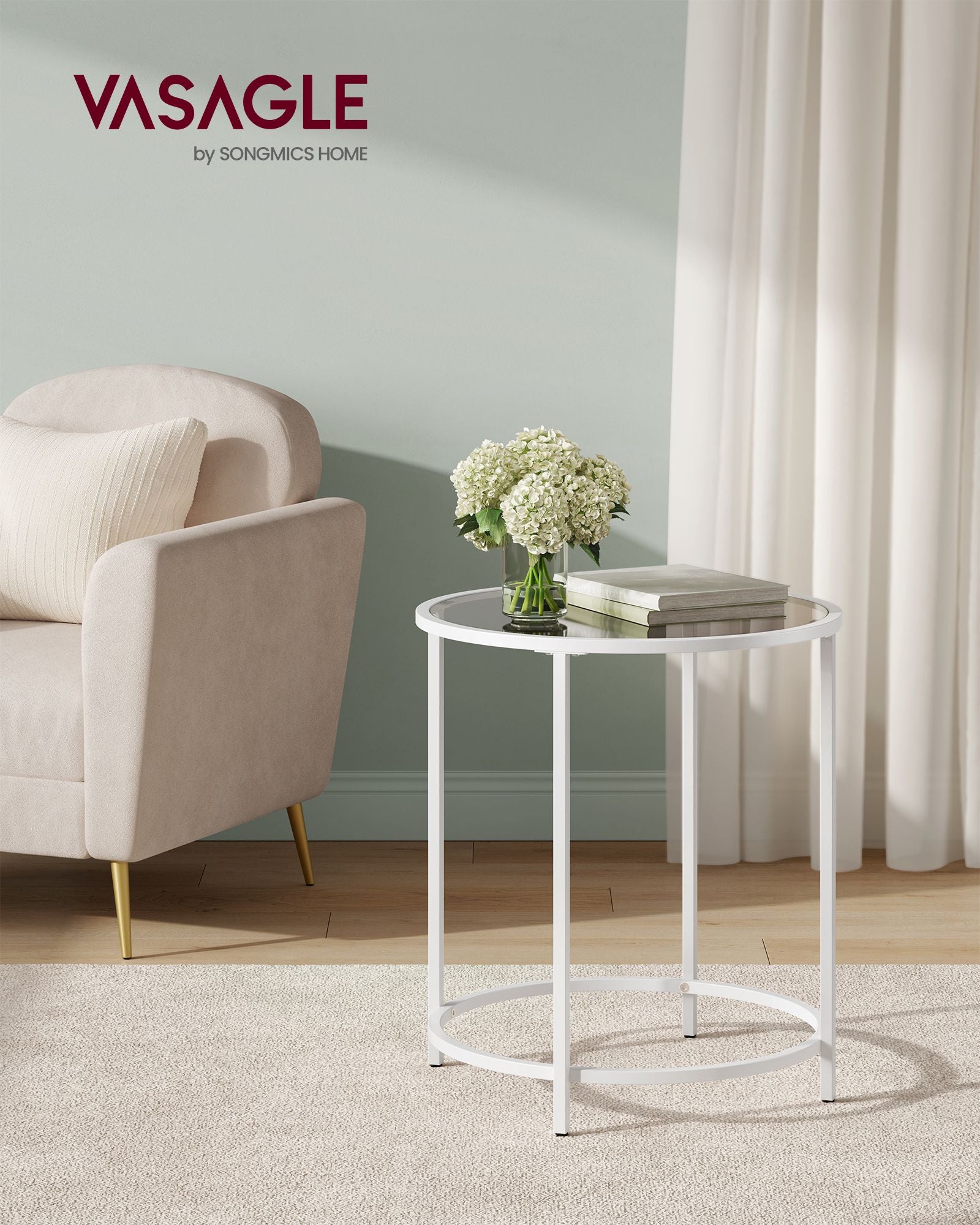 Bijzettafel – rond – gehard glas – parelwit-leigrijs metalen frame