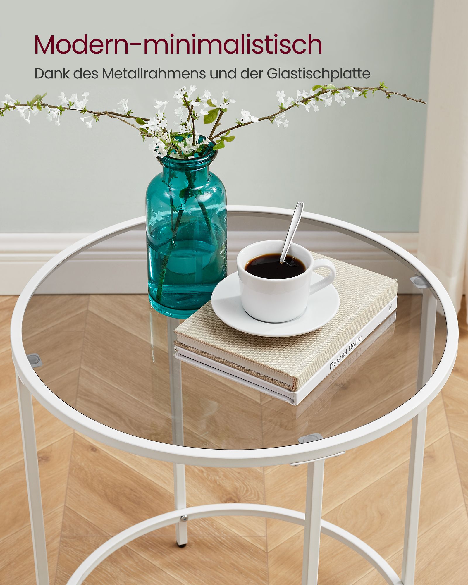 Bijzettafel – rond – gehard glas – parelwit-leigrijs metalen frame