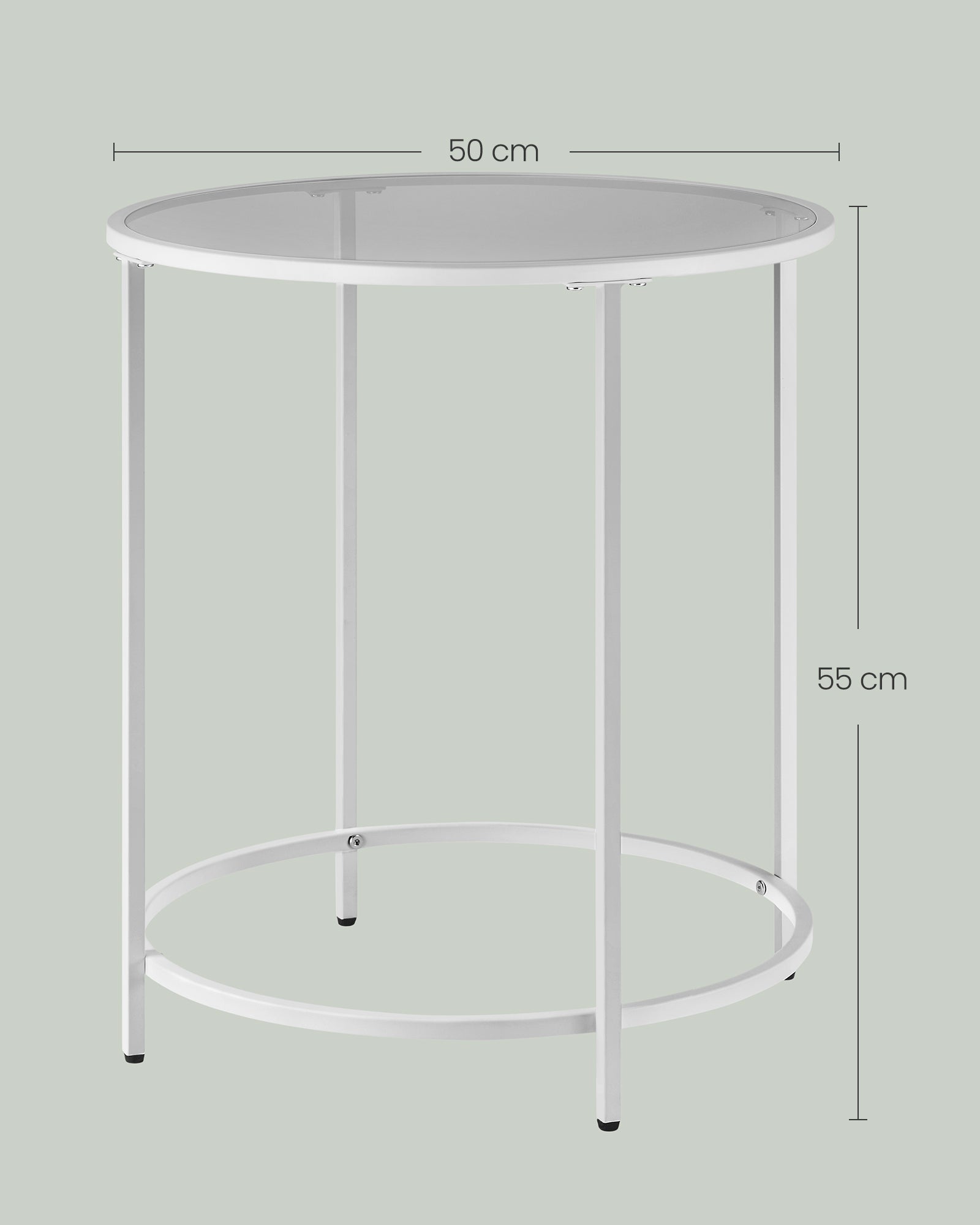 Bijzettafel – rond – gehard glas – parelwit-leigrijs metalen frame