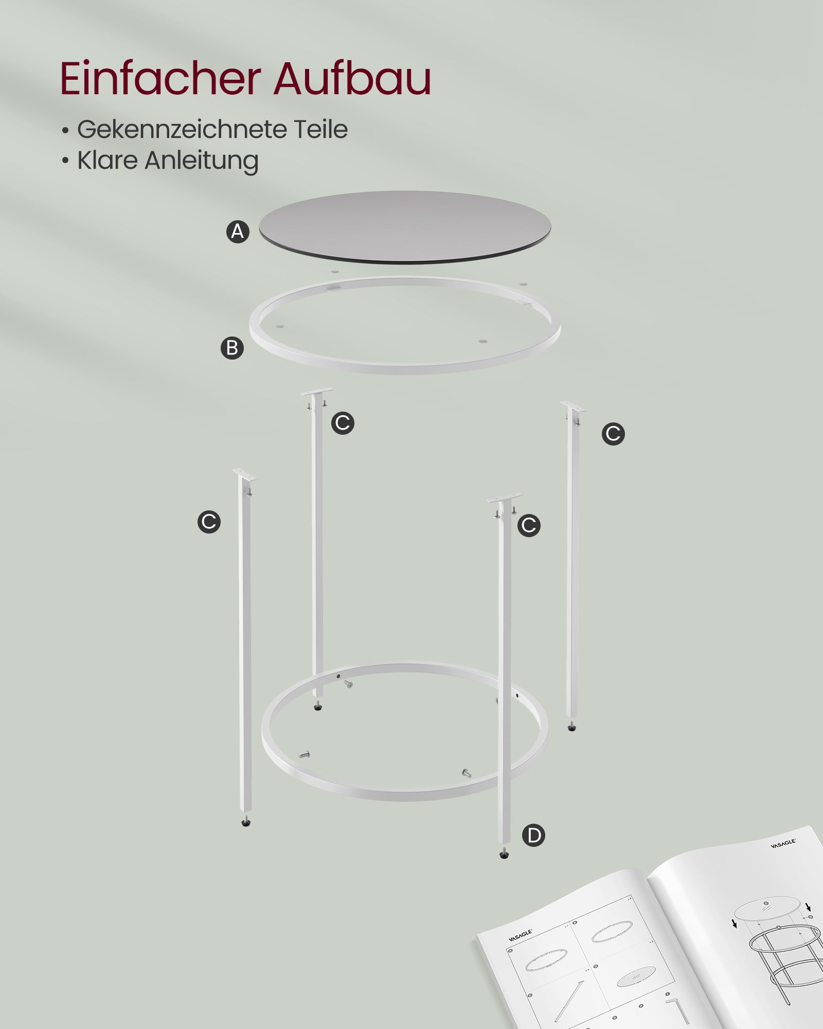 Bijzettafel – rond – gehard glas – parelwit-leigrijs metalen frame