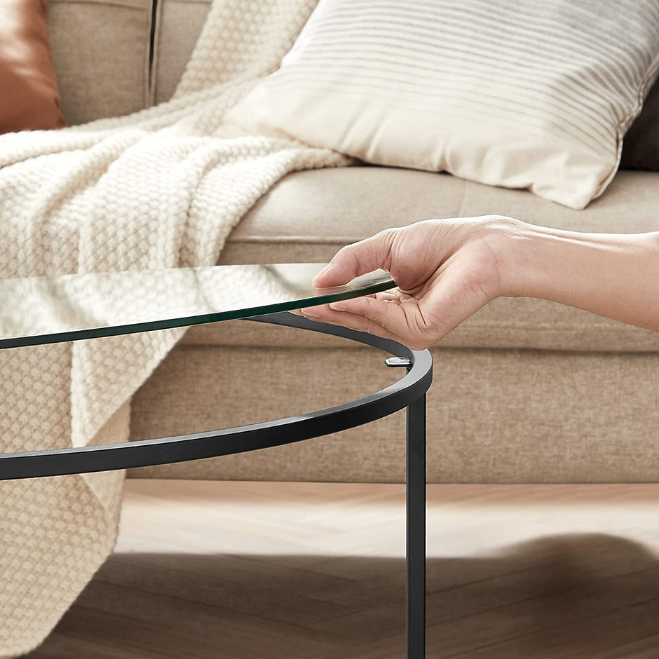 Ronde salontafel – Glazen blad – Stalen frame – Zwart