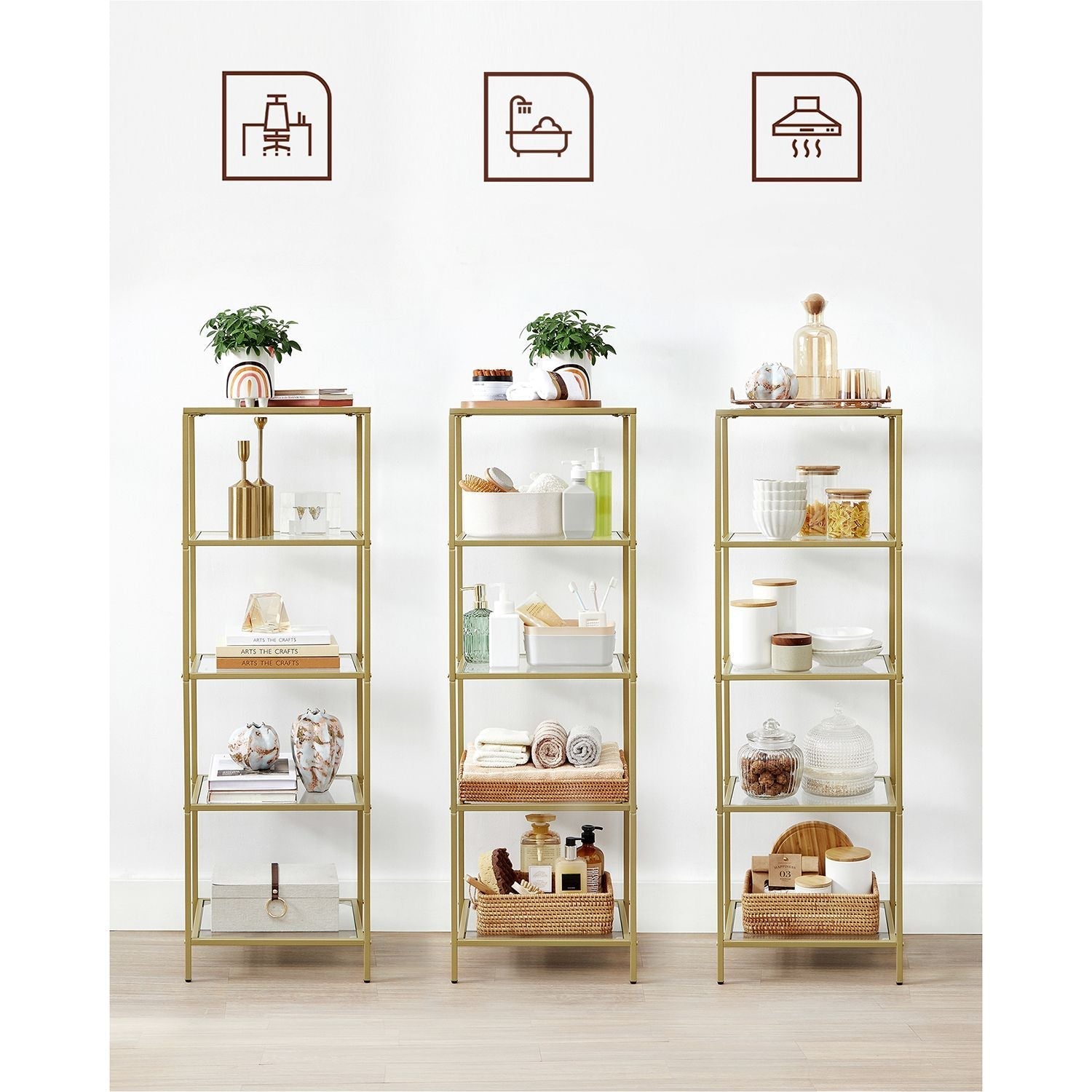 Boekenkast - Staande plank - Badkamerkast - 5 niveaus - Stalen frame - Goud