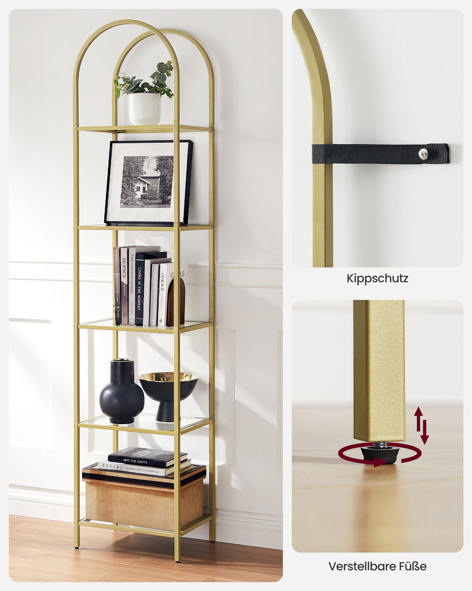 Boekenkast – 5 niveaus – gebogen metalen structuur – goudkleurig-transparant