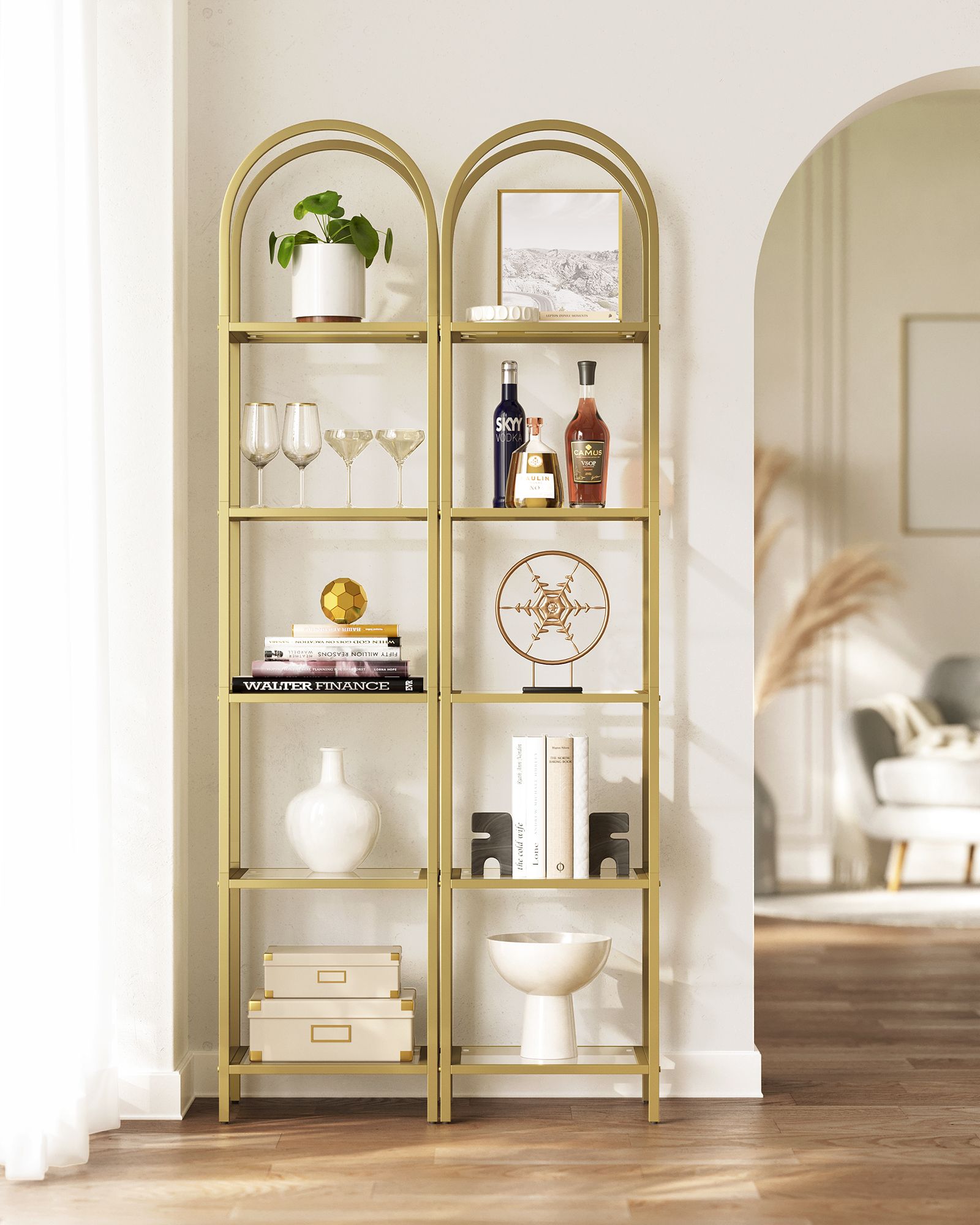 Boekenkast – 5 niveaus – gebogen metalen structuur – goudkleurig-transparant