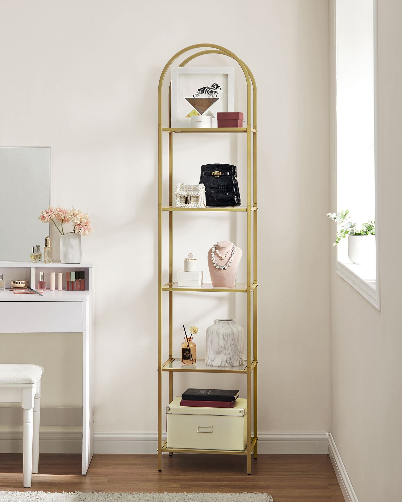 Boekenkast – 5 niveaus – gebogen metalen structuur – goudkleurig-transparant