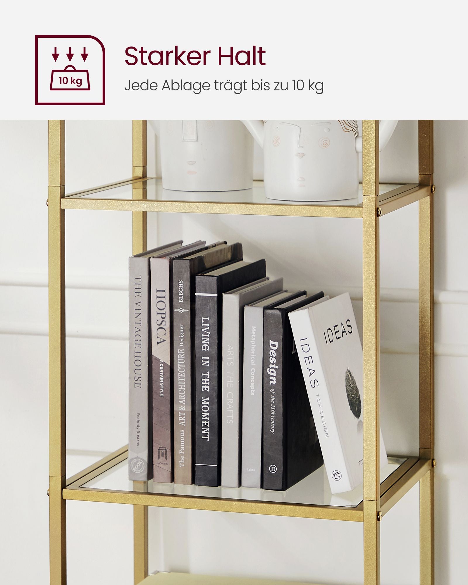Boekenkast – 5 niveaus – gebogen metalen structuur – goudkleurig-transparant