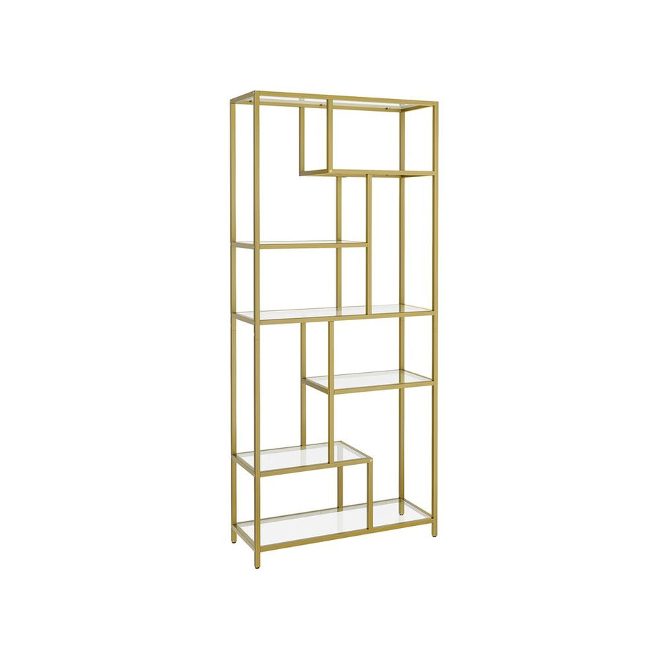 Boekenkast met verstelbare planken – 6 Niveaus – Staal en Glas – 30 x 80 x 180 cm – Met kantelbeveiliging