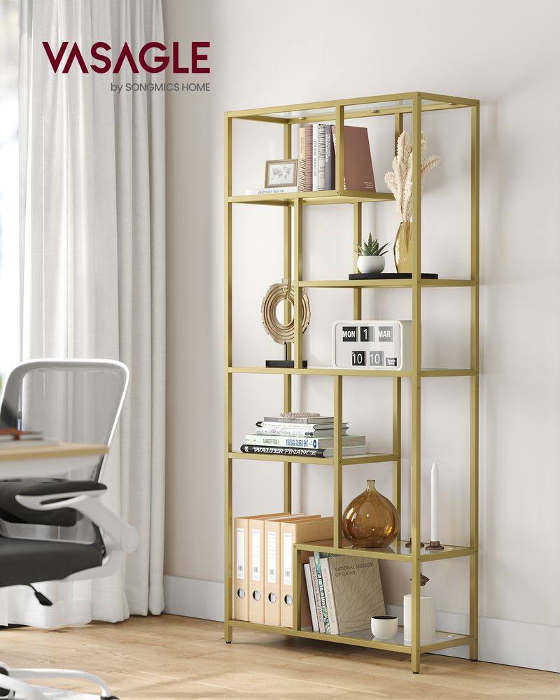 Boekenkast met verstelbare planken – 6 Niveaus – Staal en Glas – 30 x 80 x 180 cm – Met kantelbeveiliging