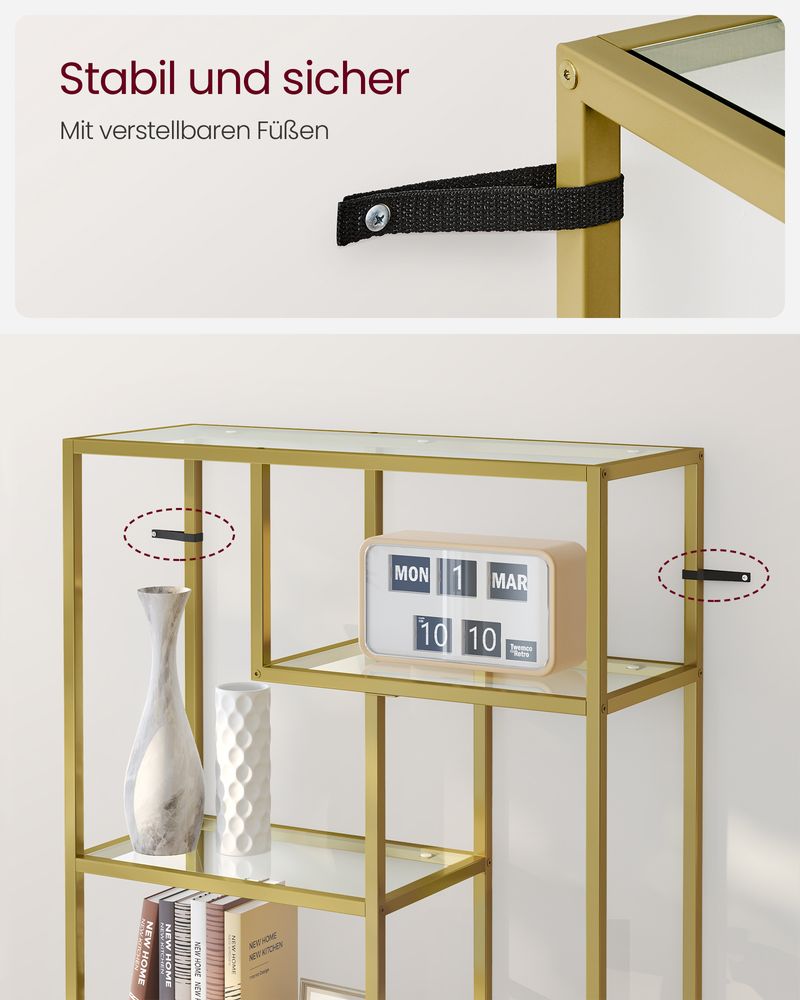 Boekenkast met verstelbare planken – 6 Niveaus – Staal en Glas – 30 x 80 x 180 cm – Met kantelbeveiliging