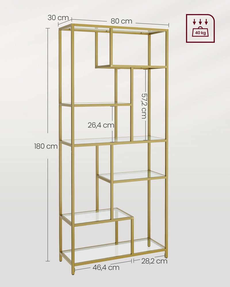 Boekenkast met verstelbare planken – 6 Niveaus – Staal en Glas – 30 x 80 x 180 cm – Met kantelbeveiliging