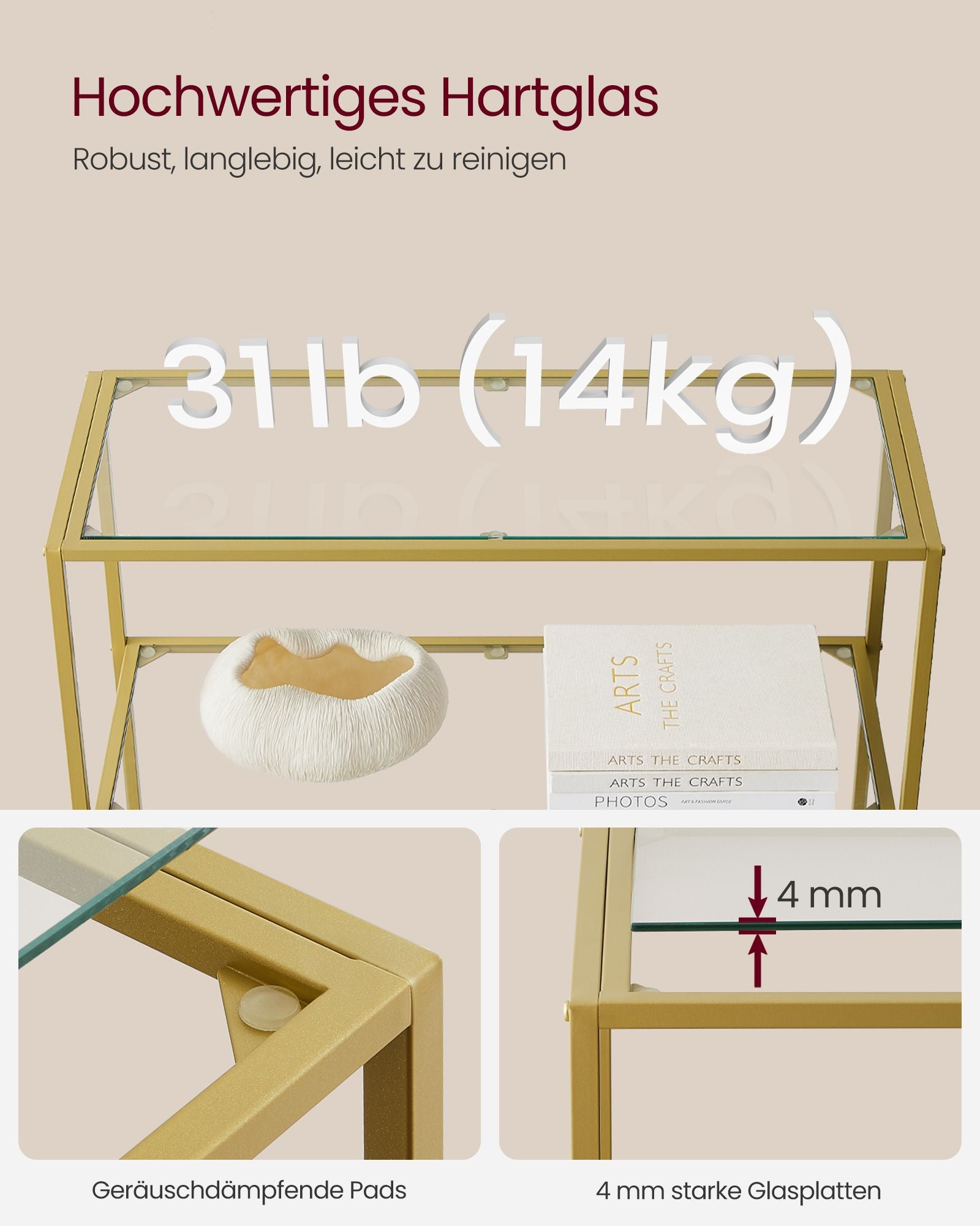Badkamerplank – gehard glas – transparant – metallic goud