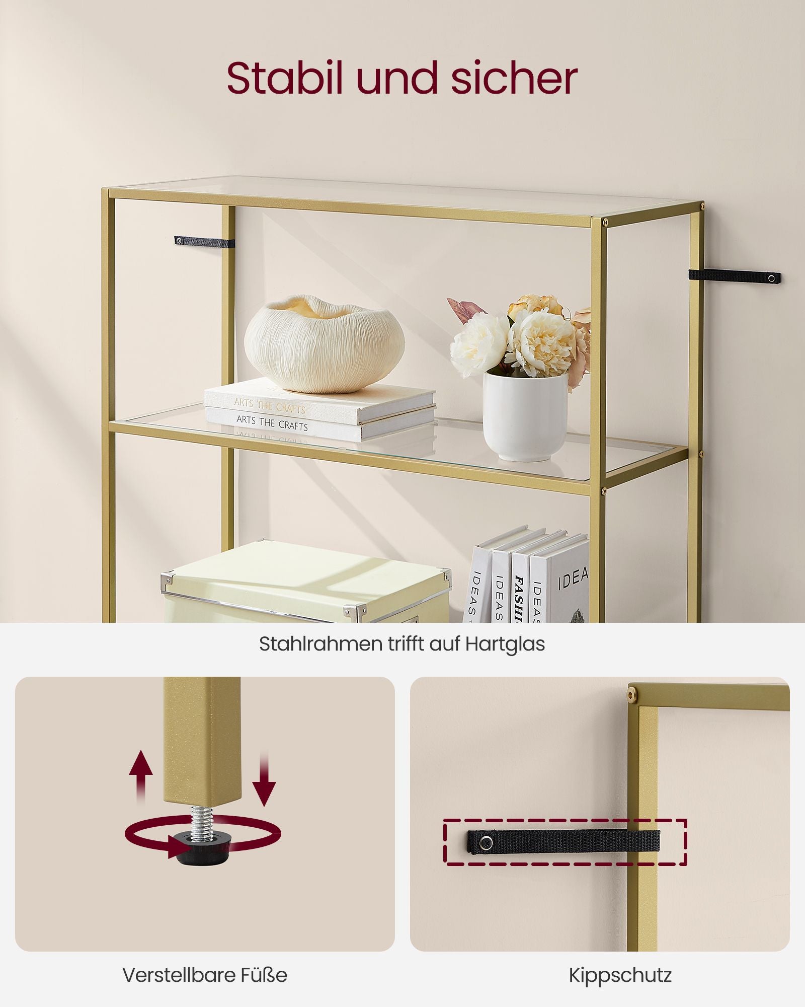 Badkamerplank – gehard glas – transparant – metallic goud