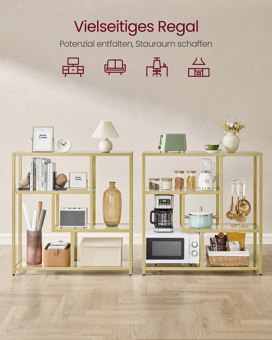 Boekenkast – 4 Planken – Gehard Glas en Staal – Transparant Bleekgoud – 30 x 100 x 103 cm