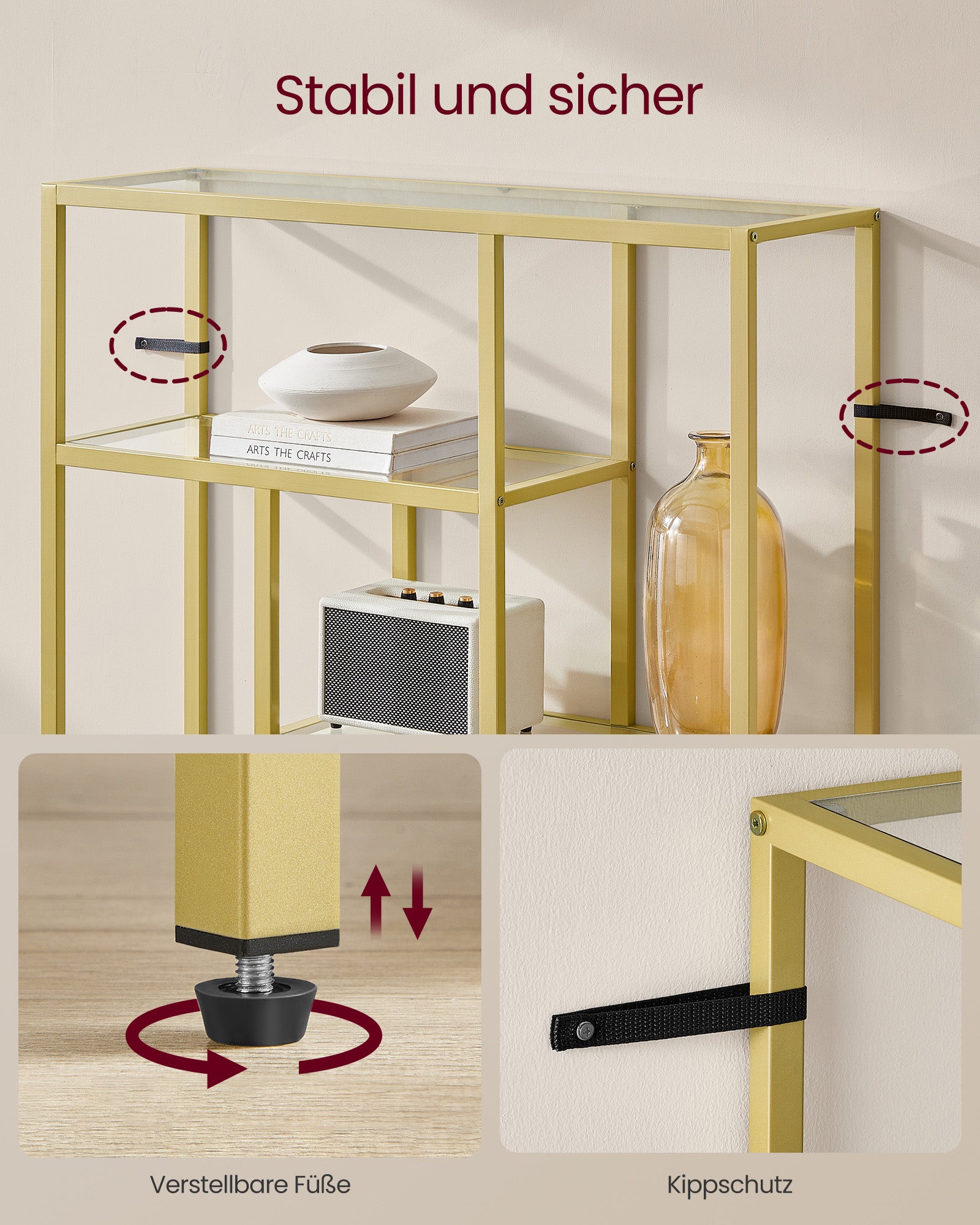 Boekenkast – 4 Planken – Gehard Glas en Staal – Transparant Bleekgoud – 30 x 100 x 103 cm