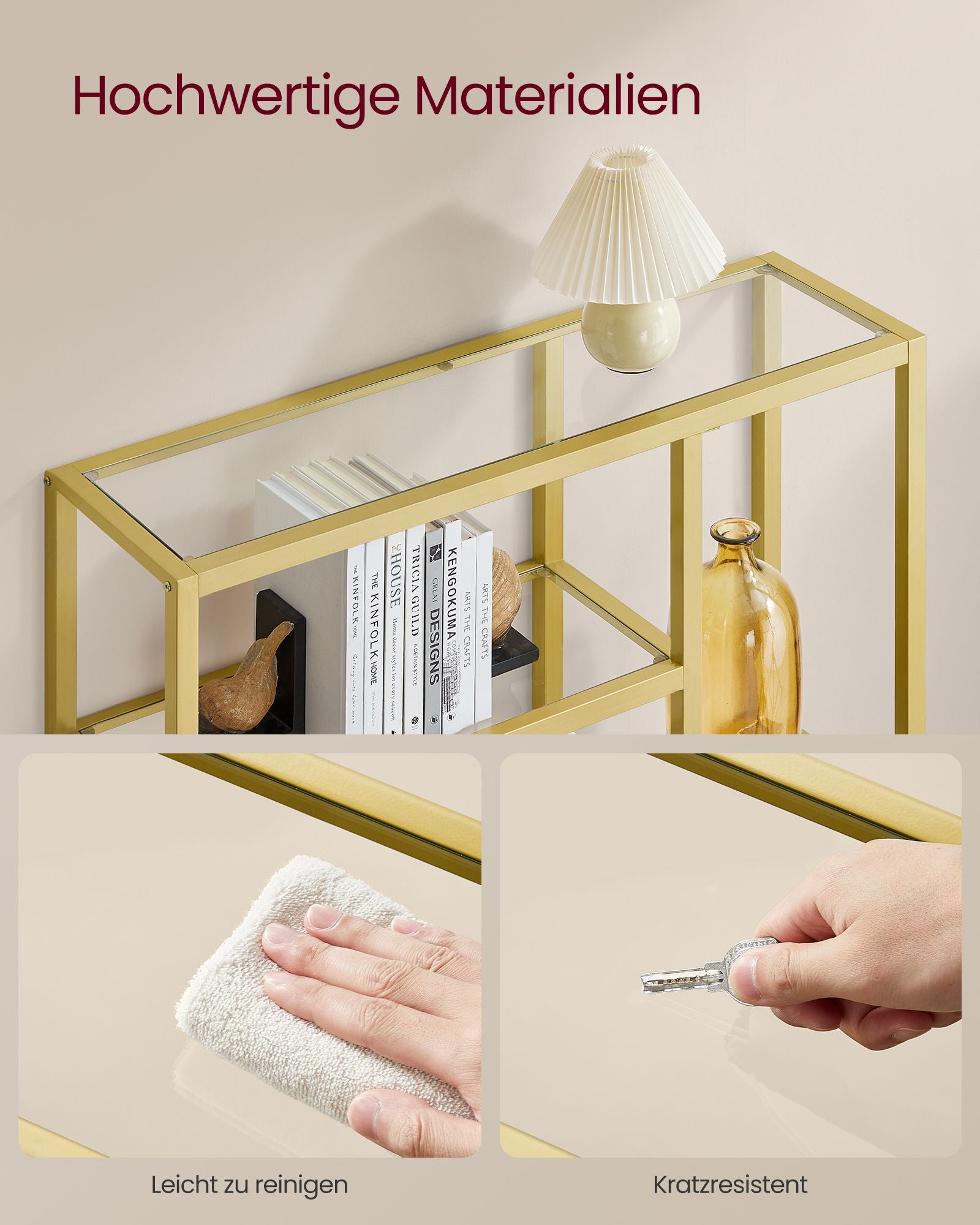 Boekenkast – 4 Planken – Gehard Glas en Staal – Transparant Bleekgoud – 30 x 100 x 103 cm