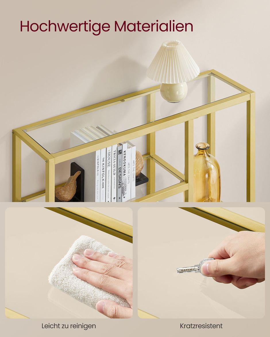 Boekenkast – 4 Planken – Gehard Glas en Staal – Transparant Bleekgoud – 30 x 100 x 103 cm