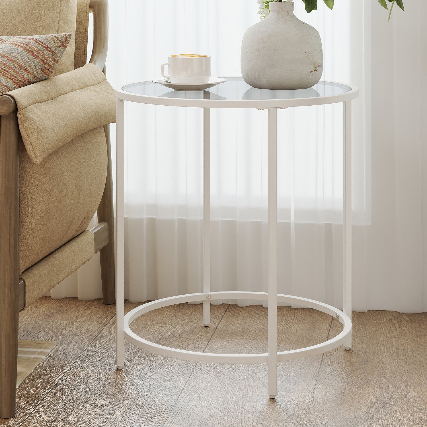 Bijzettafel – Rond – Gehard Glas – Metalen Frame – Parelwit-Leigrijs