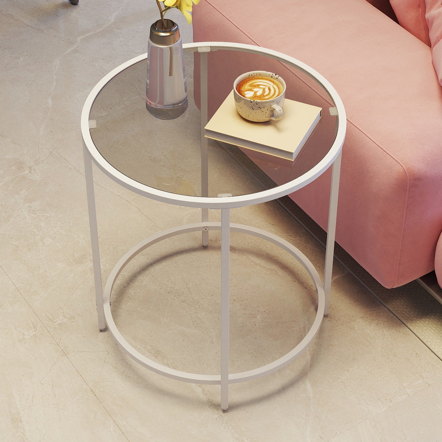 Bijzettafel – Rond – Gehard Glas – Metalen Frame – Parelwit-Leigrijs