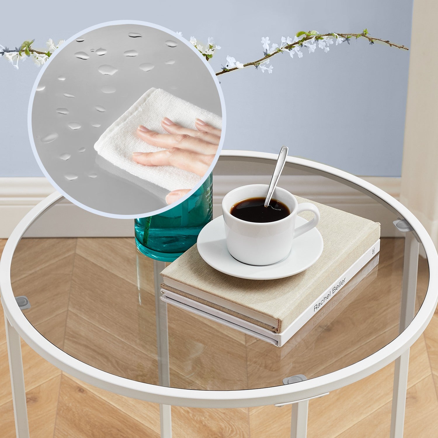 Bijzettafel – Rond – Gehard Glas – Metalen Frame – Parelwit-Leigrijs