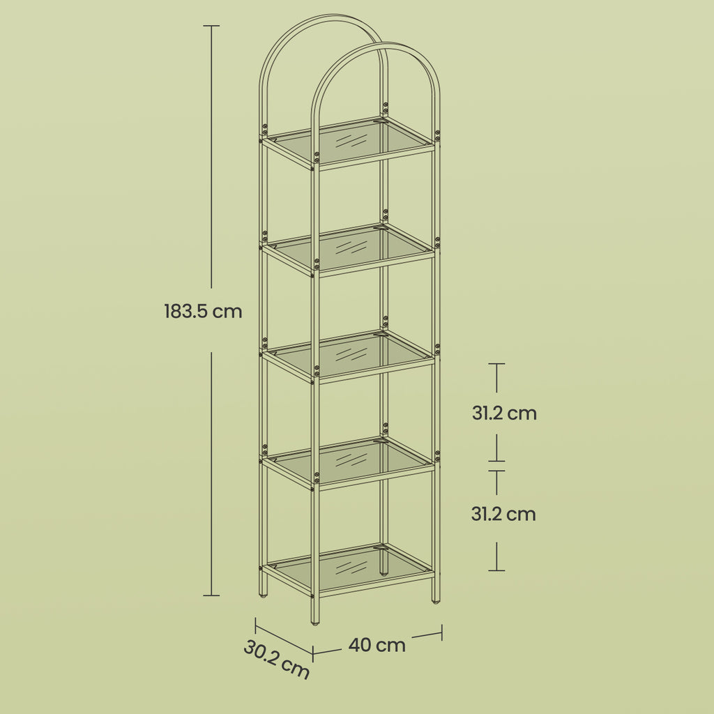 5-laags boekenkast van gehard glas, boogvormige opbergplank