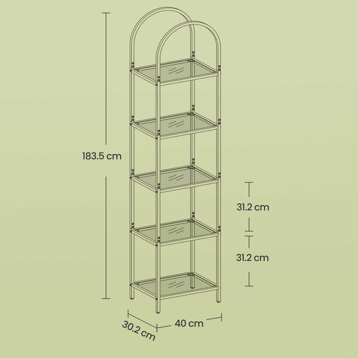 5-laags boekenkast van gehard glas, boogvormige opbergplank