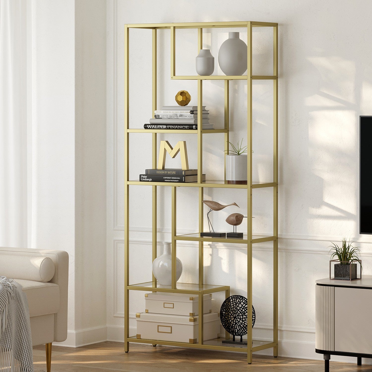 Boekenkast met 6 niveaus, plank met planken van gehard glas, staande plank