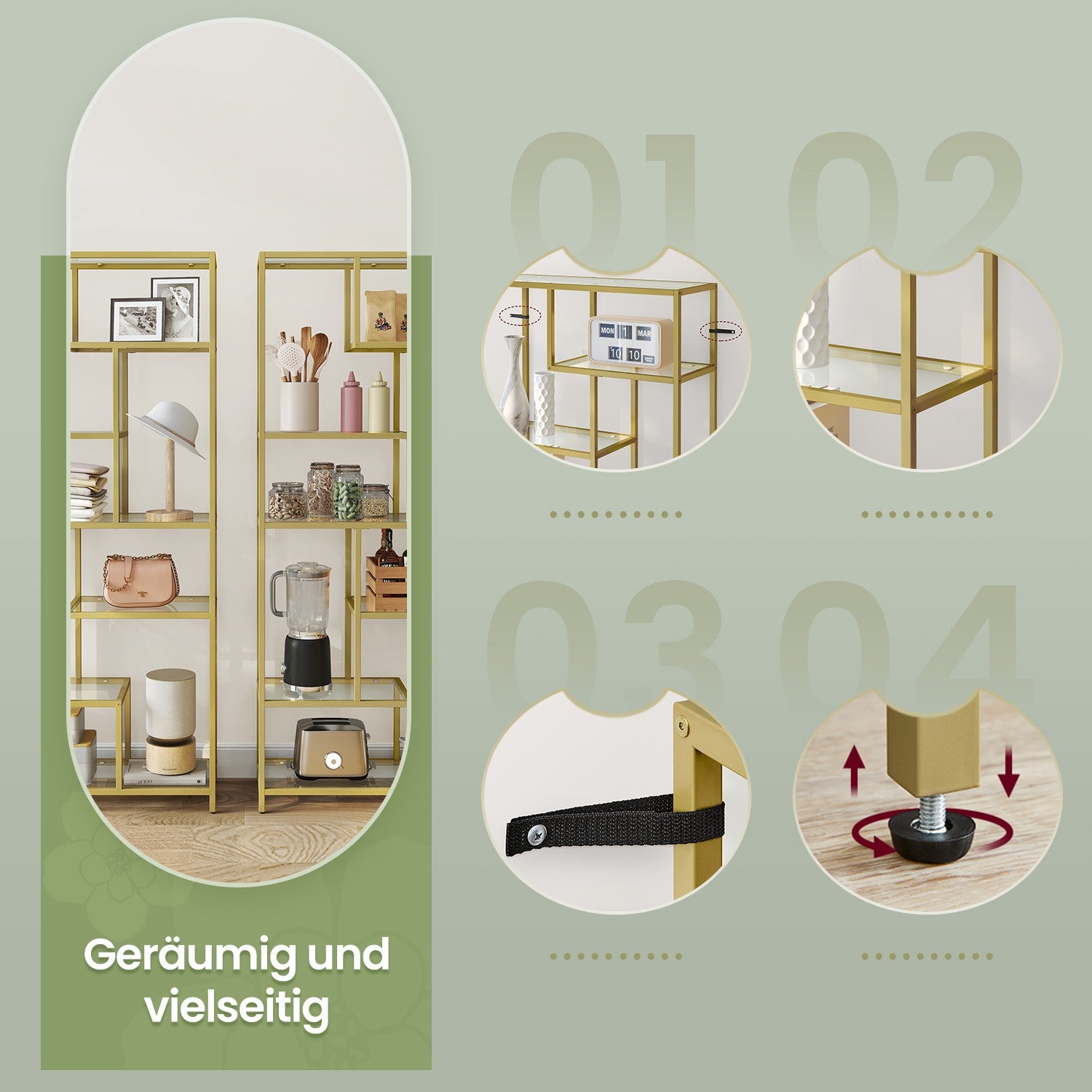 Boekenkast met 6 niveaus, plank met planken van gehard glas, staande plank