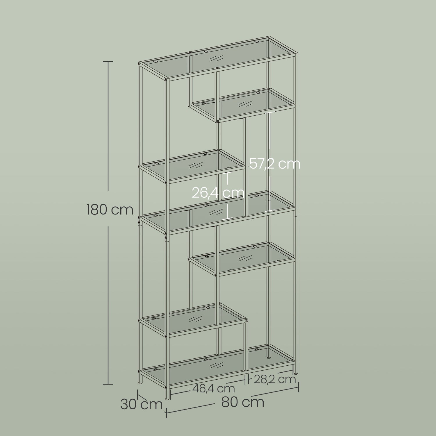 Boekenkast met 6 niveaus, plank met planken van gehard glas, staande plank
