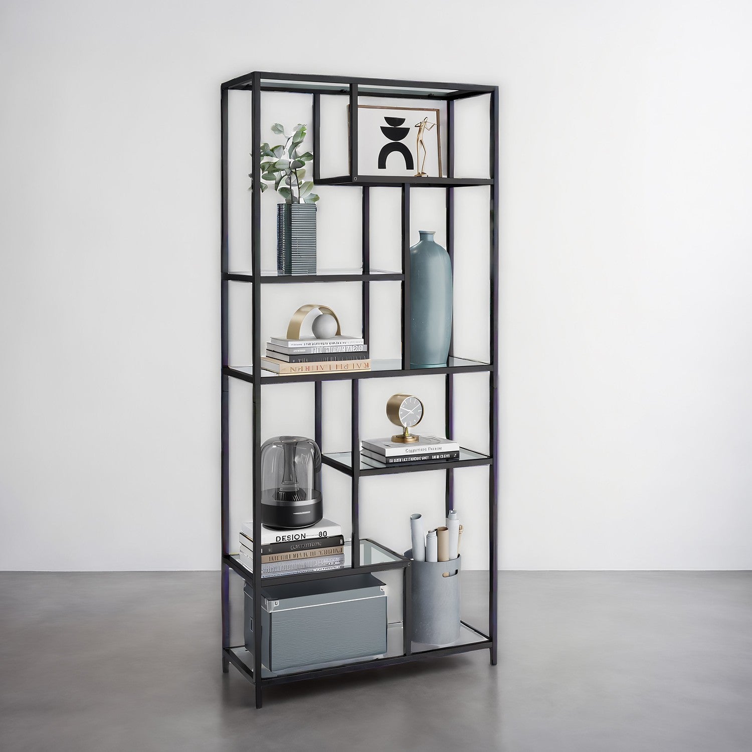 Boekenkast met 6 niveaus, plank met planken van gehard glas, staande plank