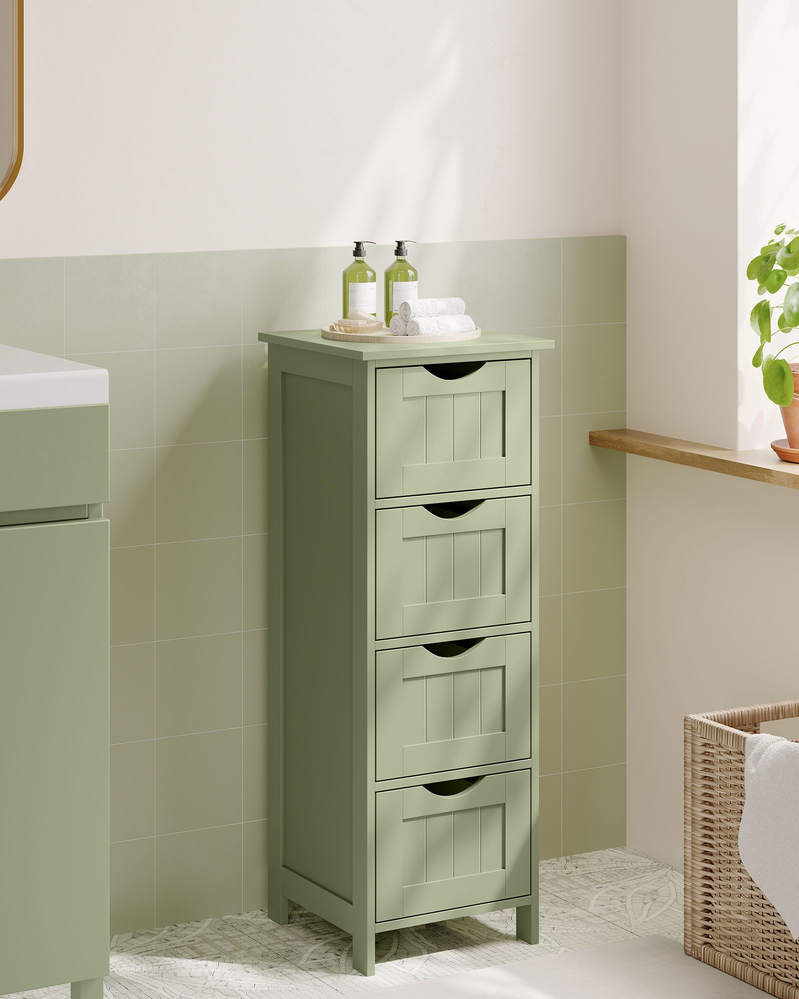 Badkamerkastje – 4 lades – 30 × 30 × 82 cm – lauriergroen