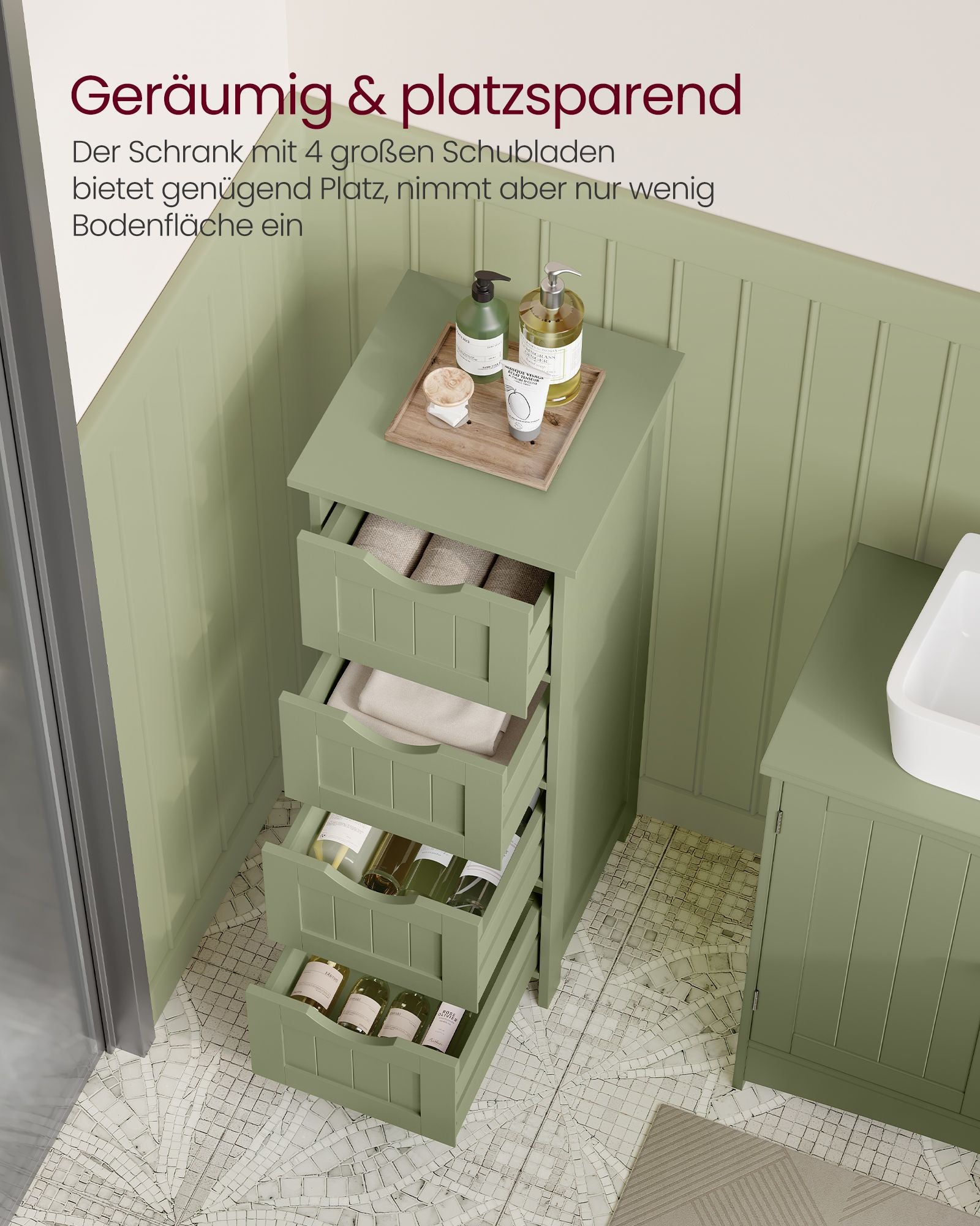 Badkamerkastje – 4 lades – 30 × 30 × 82 cm – lauriergroen