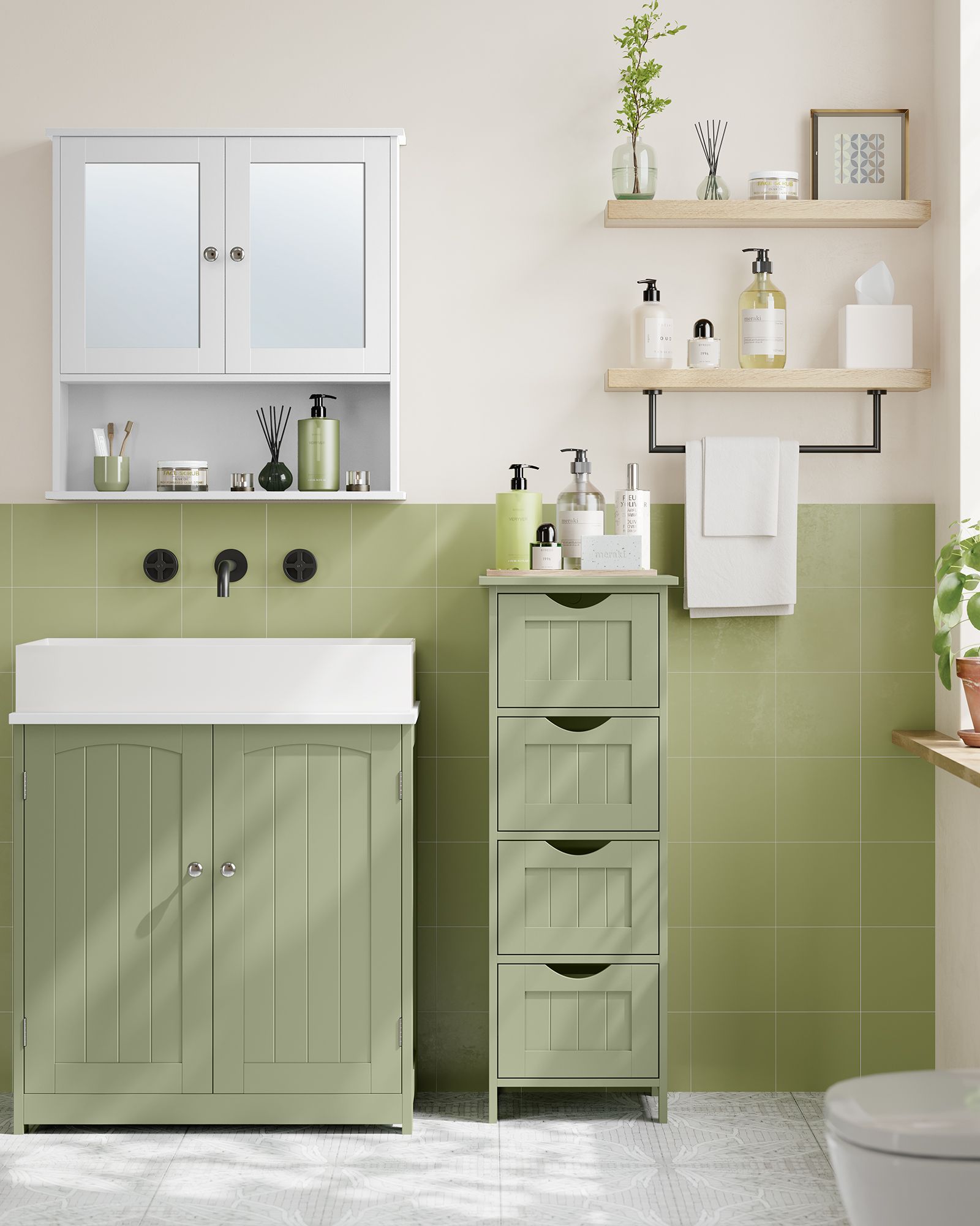 Badkamerkastje – 4 lades – 30 × 30 × 82 cm – lauriergroen