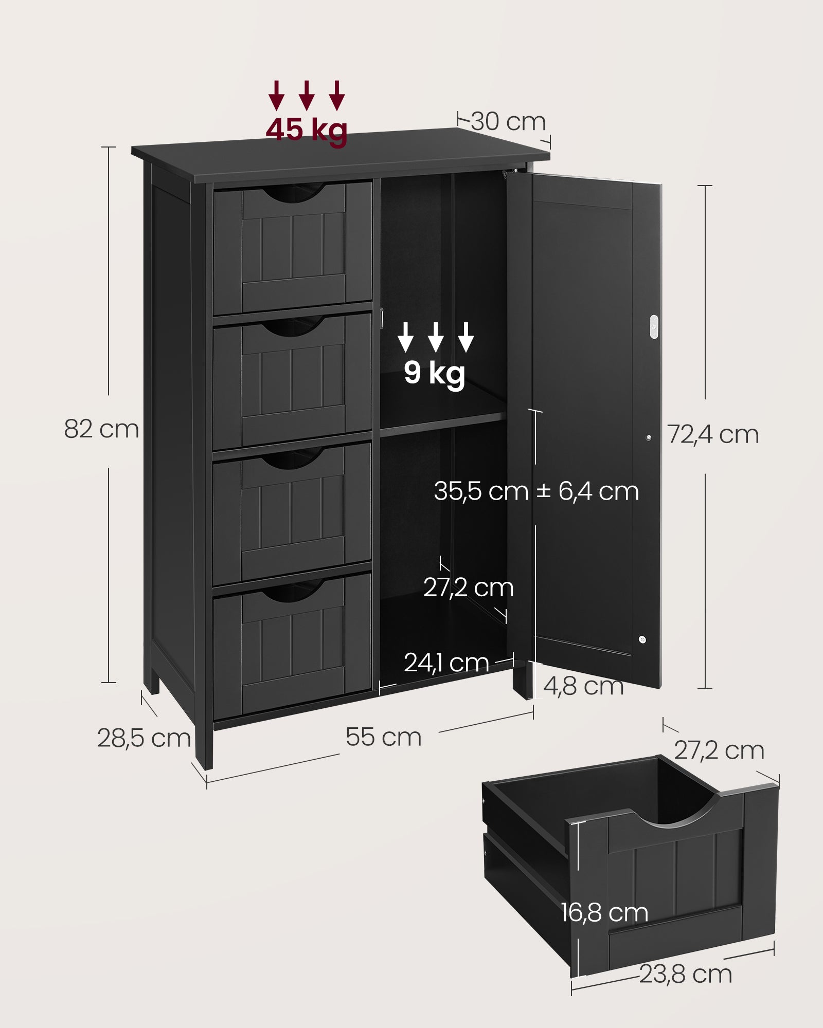 Badkamermeubel – 4 lades – 30 × 55 × 82 cm – inktzwart