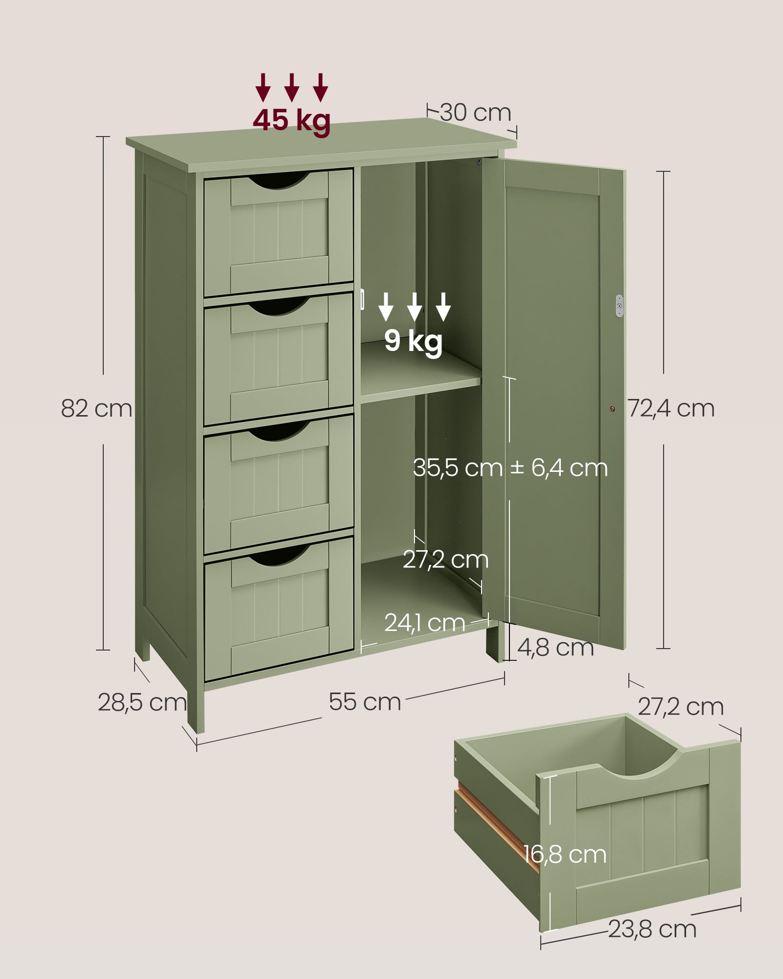Badkamerkastje – 4 lades – 30 × 55 × 82 cm – bosgroen