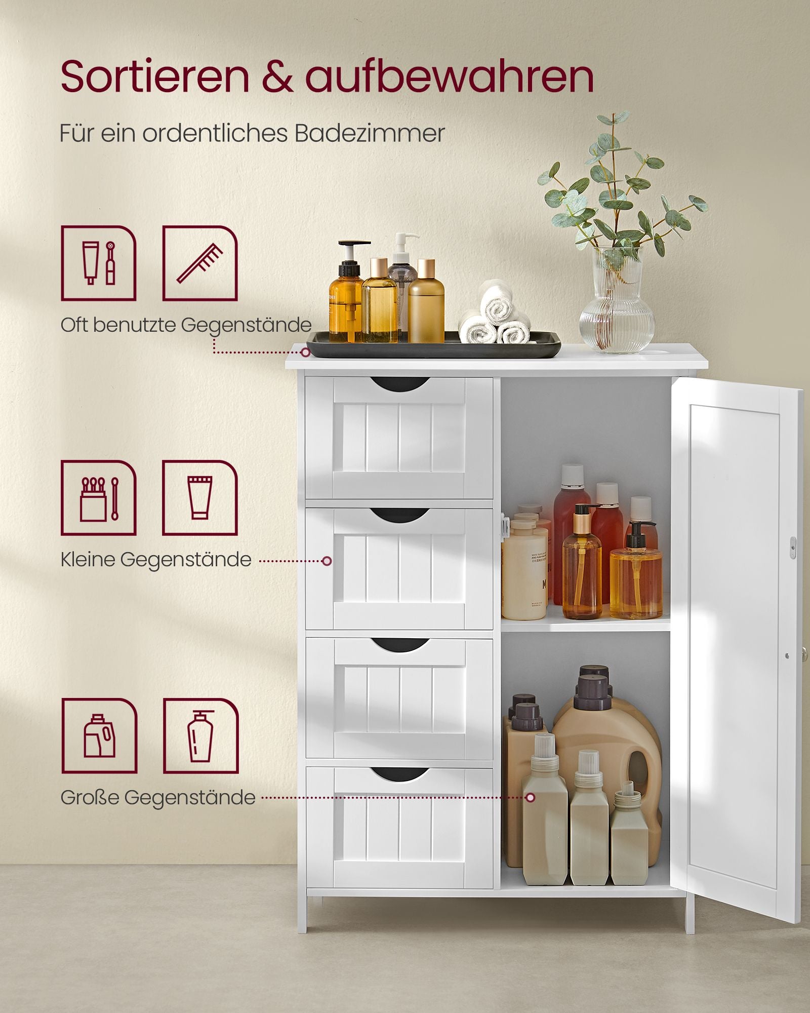 Badkamerkastje – smal – 4 lades – wolkwit