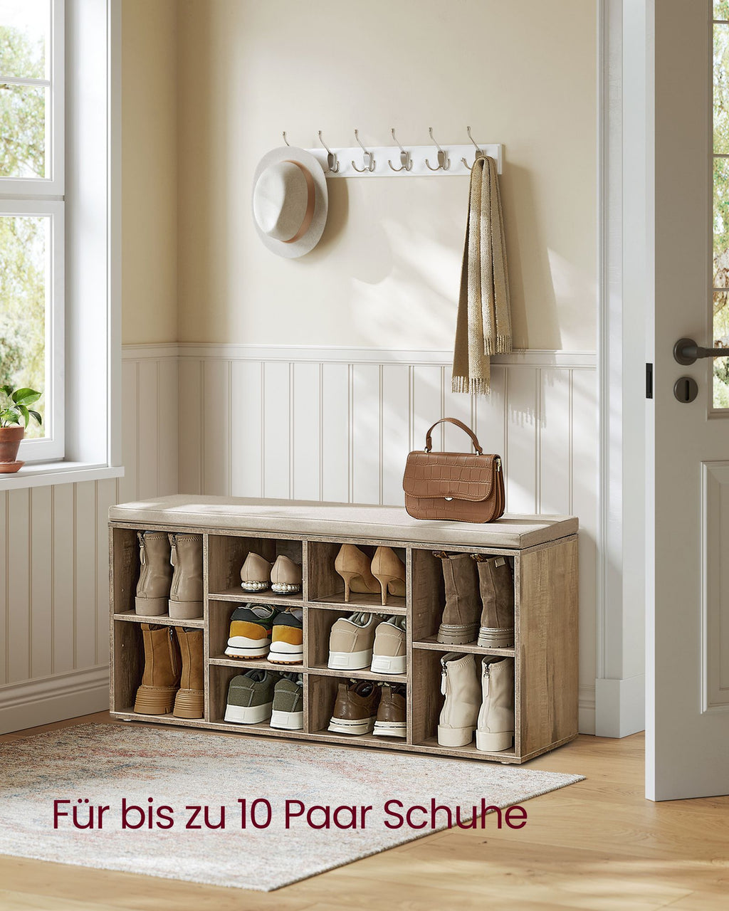 Schoenenrek met zitje – 30 × 104 × 48 cm – camelbruin
