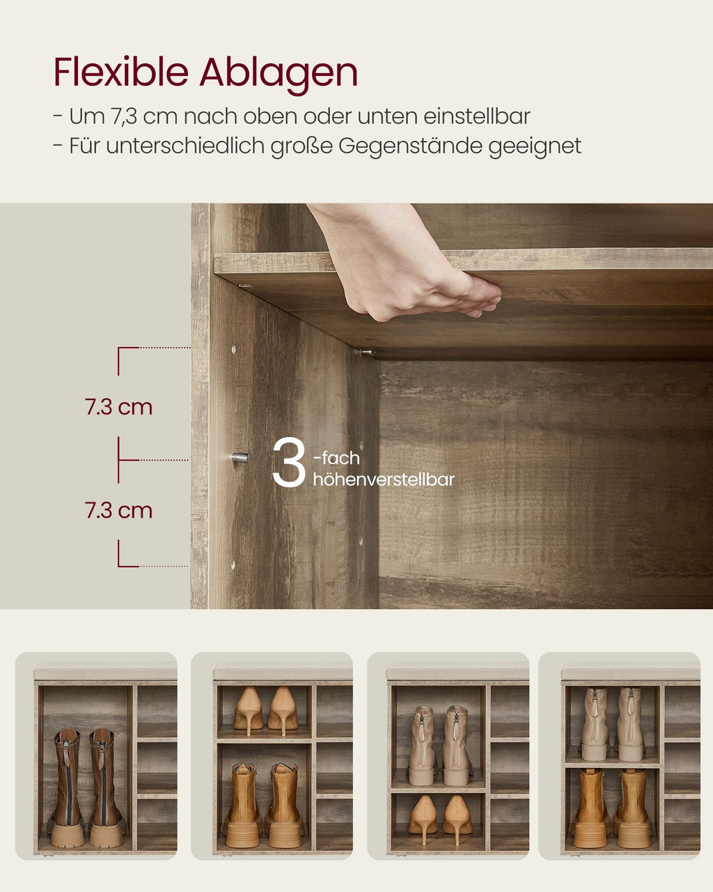 Schoenenrek met zitje – 30 × 104 × 48 cm – camelbruin