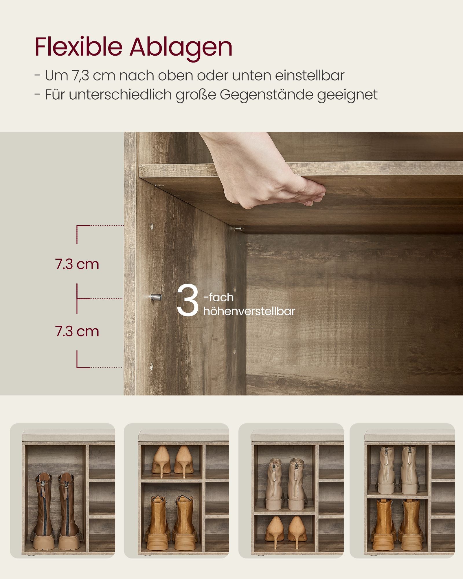 Schoenenrek met zitje – 30 × 104 × 48 cm – camelbruin