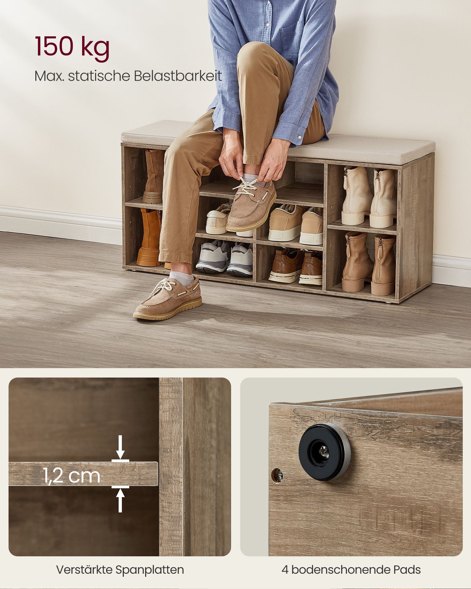 Schoenenrek met zitje – 30 x 104 x 48 cm – Kameelbruin – Max. 150 kg