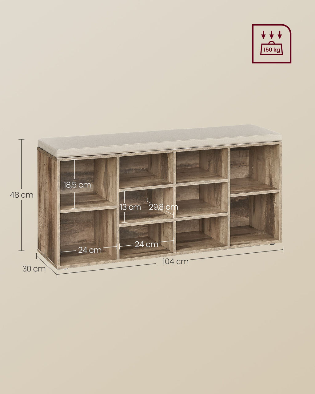 Schoenenrek met zitje – 30 × 104 × 48 cm – camelbruin
