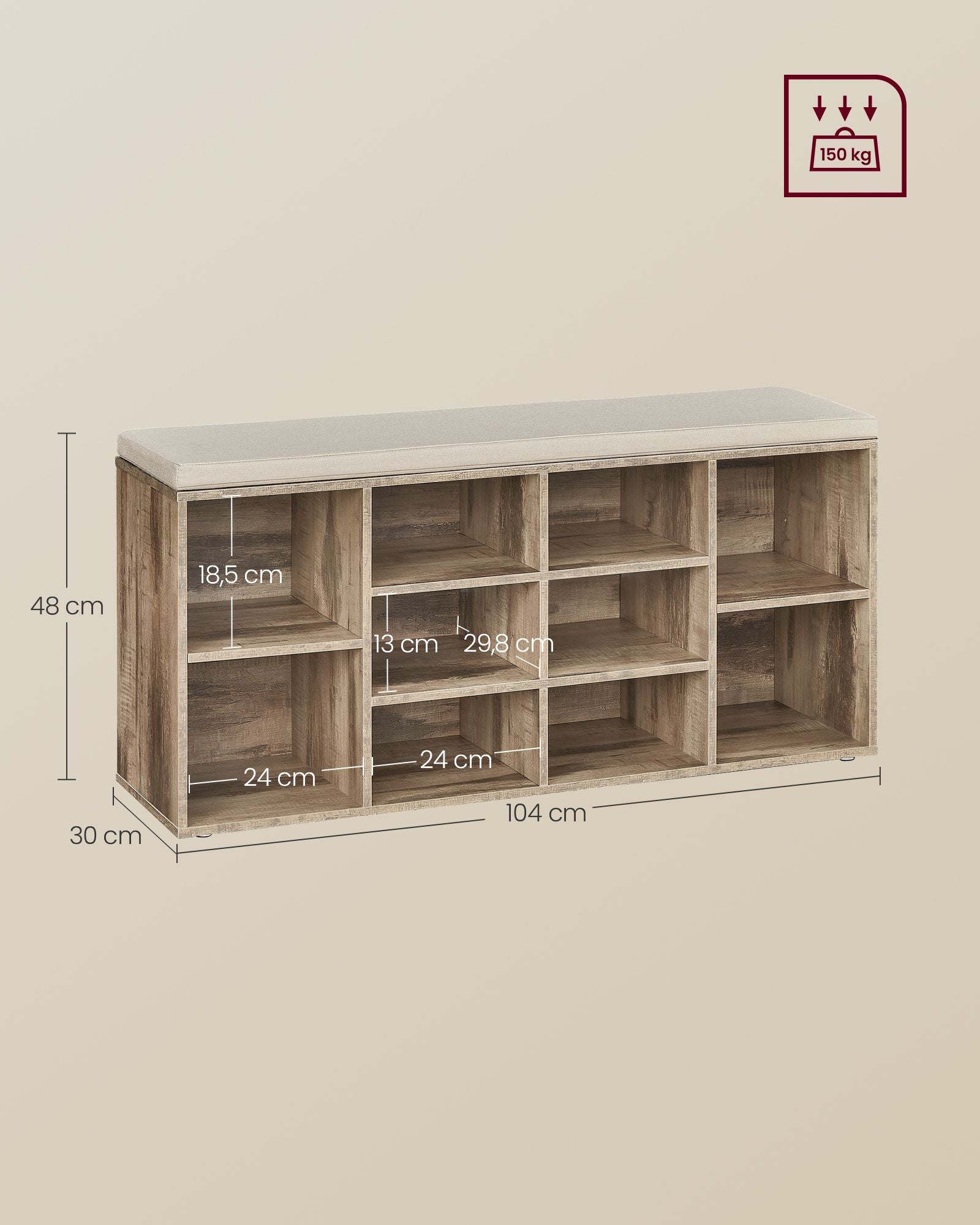Schoenenrek met zitje – 30 × 104 × 48 cm – camelbruin