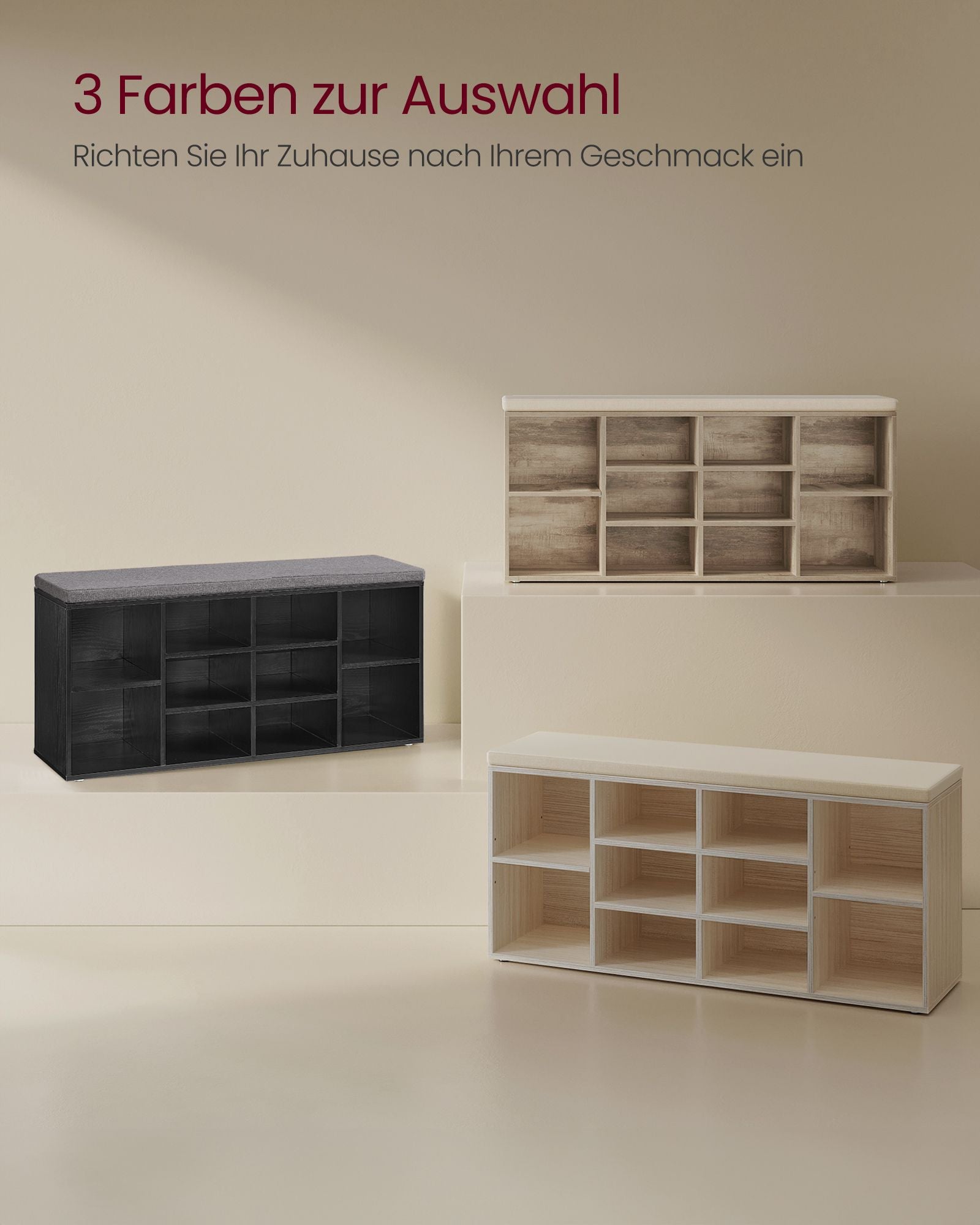 Schoenenrek met zitje – 30 × 104 × 48 cm – camelbruin