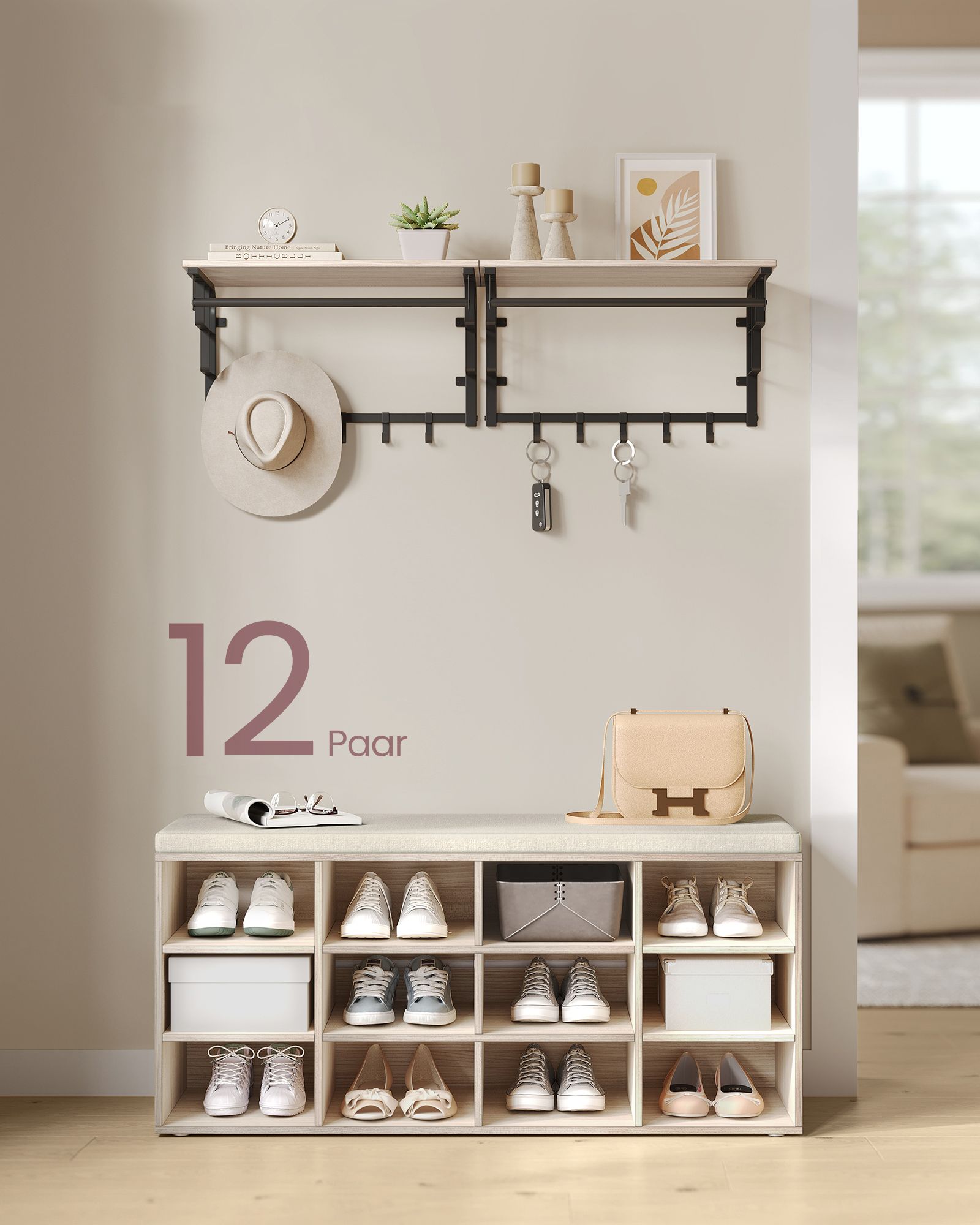 Schoenenrek met zitje – 30,3 x 104 x 48 cm – Kameelbruin – Ruimtebesparend