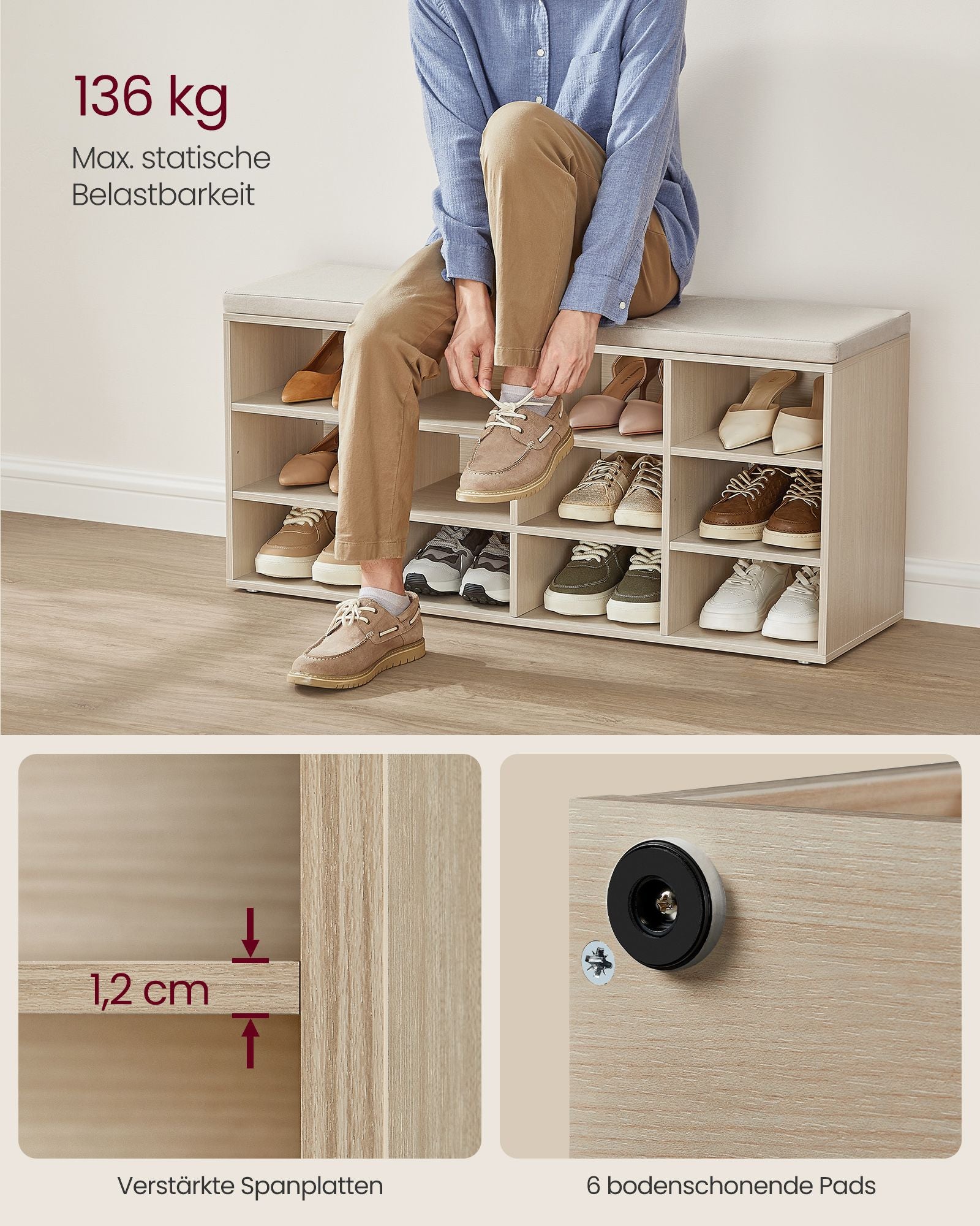 Schoenenrek met zitting – 30,3 x 104 x 48 cm – naturel beige